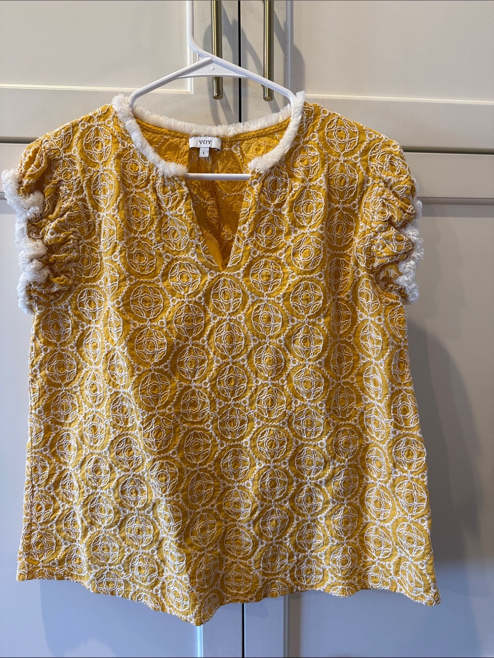 Yellow Embroidered Short Sleeve Blouse